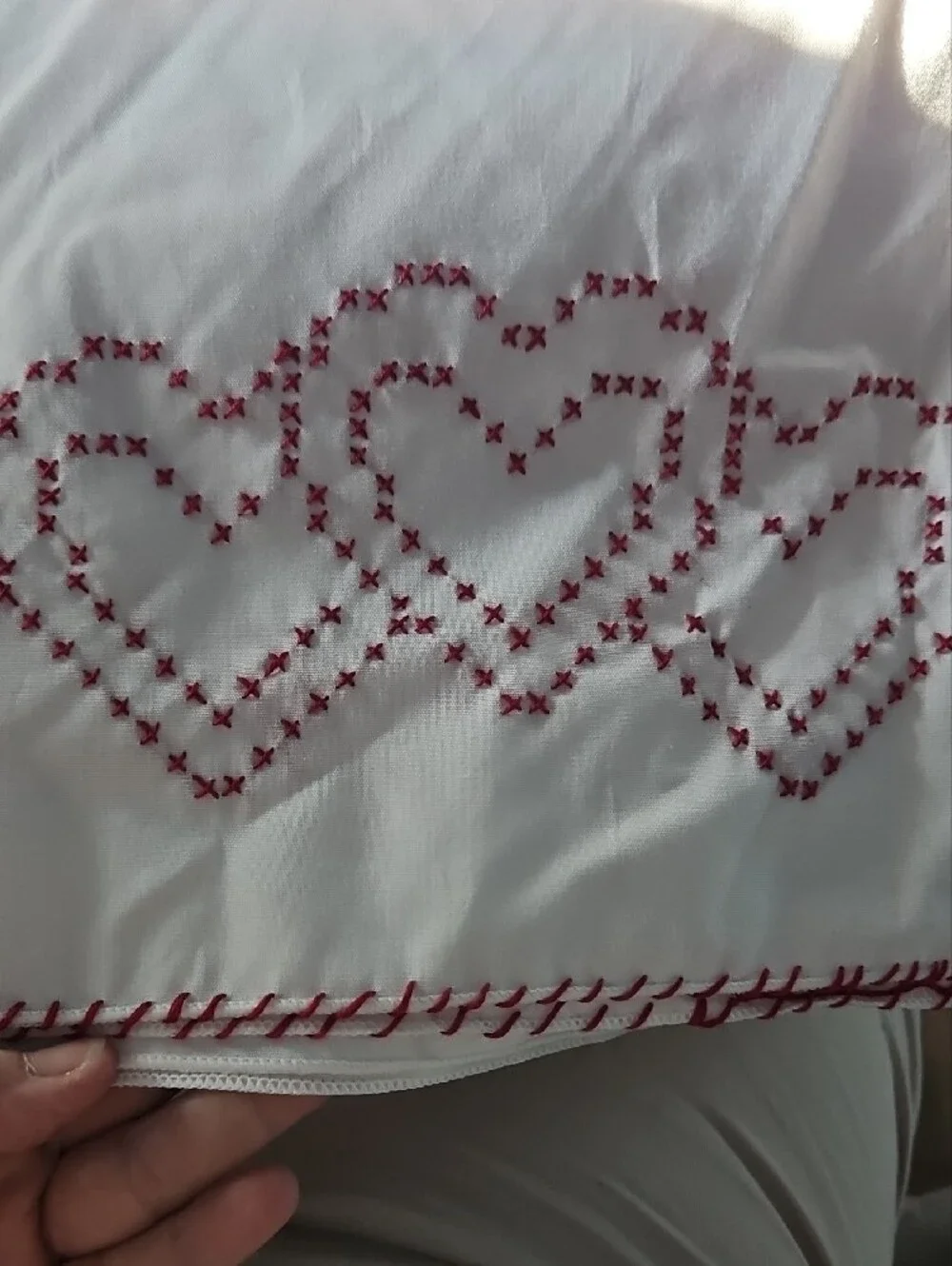 Hand Crafted White Pillowcases with Red Heart Embroidered Stitching